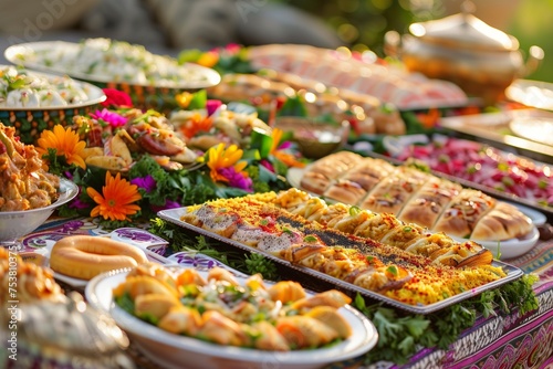 A close-up image of a traditional Eid ul Fitr feast setup, without people, showcasing an array of colorful, delicious dishes arranged elegantly on a richly decorated tablecloth.
