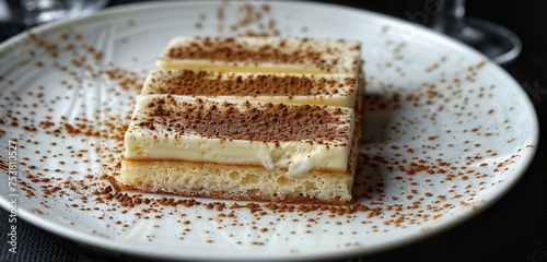 A meticulously arranged plate of melktert slices, the creamy filling contrasted with a sprinkle of dark cinnamon, evoking warmth and comfort © Riffat