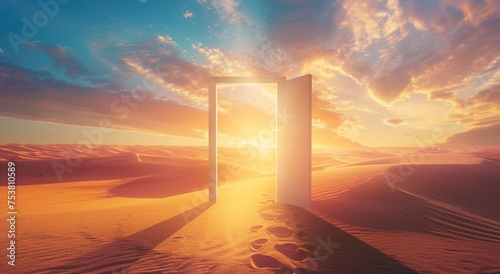  Opened door on desert. Unknown and start up concept. This is a 3d illustration 