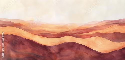 A digital watercolor painting of a desert scene featuring swirling burgundy sands with a pale orange dusk sky © Riffat