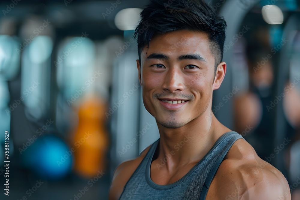 Asian Man in Gym Showing Muscle and Facial Expressions