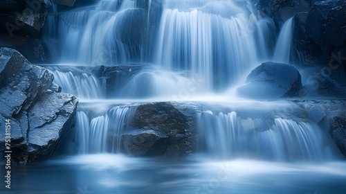 Blue Sunlit Waterfall at Night in Soft Focus, To provide a high-quality, high-resolution stock photo of a unique and beautiful waterfall at night
