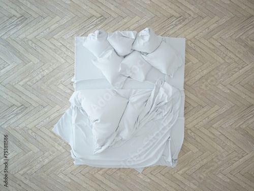 minimalistyczne łóżko na podłodze poduszki pościel materac