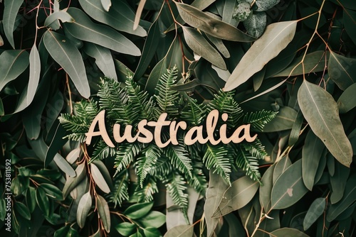 lettering Australia on green leaves background.