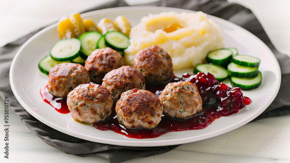 A plate of meatballs, served with lingonberry jam, creamy mashed potatoes