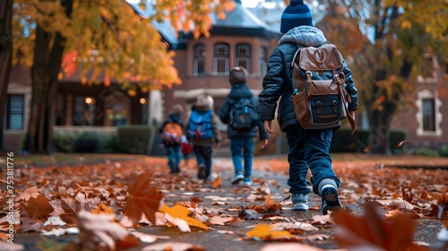 Children returning to school with backpacks in the autumn leaves in the style of horror academia