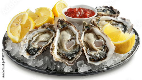 A platter of freshly shucked oysters, accompanied by lemon wedges and mignonette sauce, elegantly presented on a bed of ice