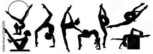 A vector illustration featuring black silhouettes of a gymnast executing various gymnastic exercises and poses against a white background. The illustration captures the elegance, grace, and athleticis