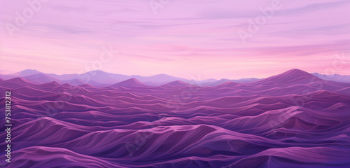 A digital watercolor vista of a desert with flowing burgundy sands beneath a soft violet dusk sky