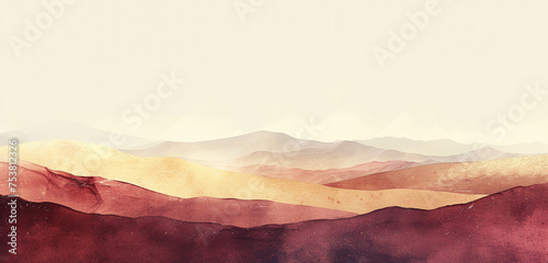 A digital watercolor composition of a desert landscape with burgundy sands against a light gold dusk sky