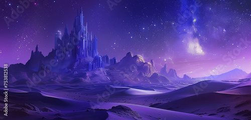 A distant view of a high elf sci-fi palace in navy blue, towering over an oasis with rolling dunes under a deep purple night sky dotted with stars
