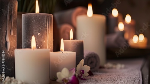 In a tranquil spa room, the camera captures a close-up of burning candles, delicately spreading their soothing aroma throughout the space. Arranged in a beautiful composition,