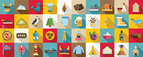 Iceland icons set flat vector. North island polar. Tourist adventure country