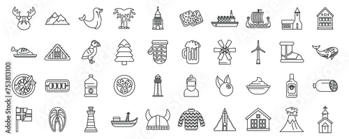 Iceland icons set outline vector. North island polar. Tourist adventure country