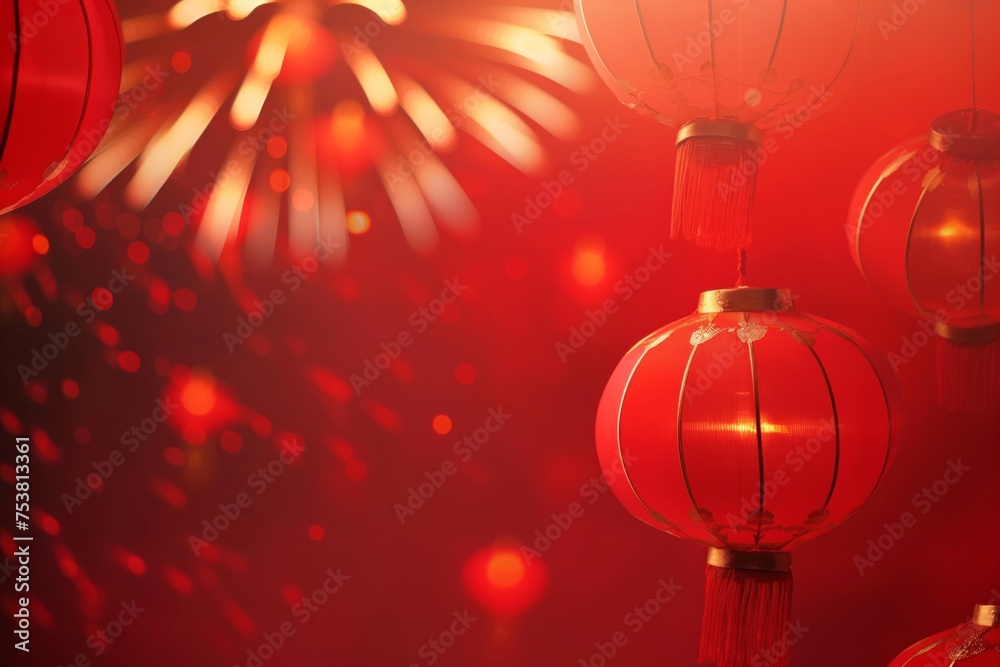 Lanterns, fireworks, clean red background, minimalism style, Chinese New Year celebration. Lanterns, fireworks, clean red background, minimalism style, Chinese New Year celebration.