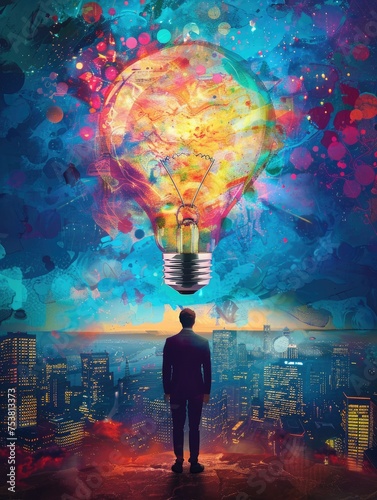 Abstract light bulb over city skyline - A man silhouetted against a vibrant light bulb and colorful splashes overlooks a city skyline, evoking imagination and dreams © Mickey