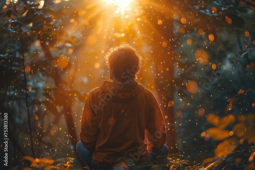 A person sits in meditation amidst forest trees  with sunlight streaming through leaves  symbolizing tranquility and inner peace