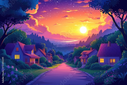 Sunset Glow Over Whimsical Town Street