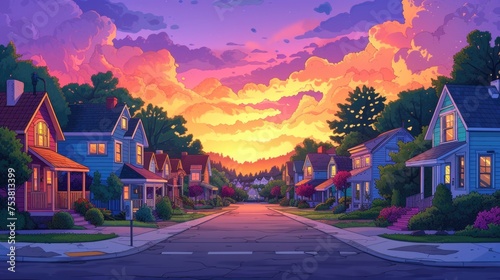 Sunset Glow Over Whimsical Town Street