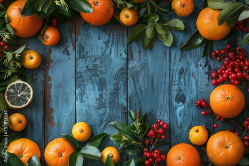 Fresh oranges, lemons, and winter berries artistically arranged on a textured blue wooden surface photo