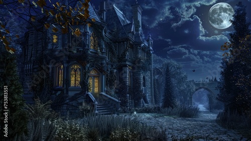 Haunted mansion under a full moon night - An eerie Gothic mansion bathed in blue moonlight, with an autumn vibe, evoking suspense and mystery
