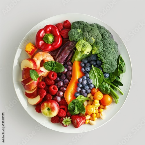 Healthy diet with a variety of fruits veg - A vibrant plate filled with an assortment of colorful fruits and vegetables promoting healthy eating