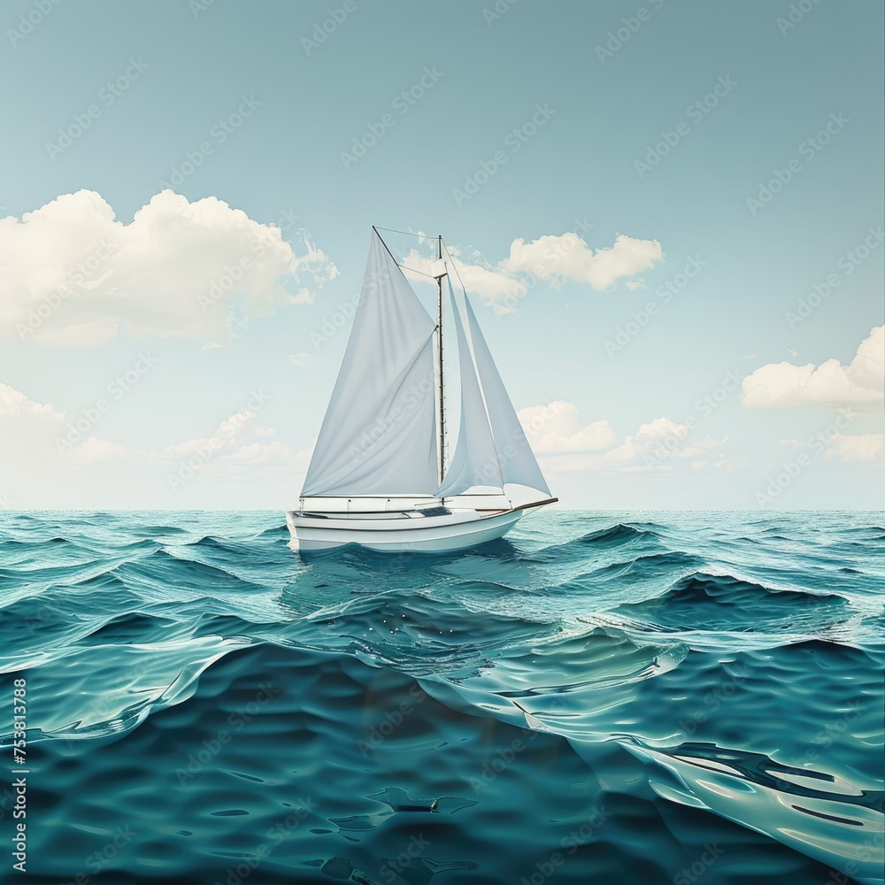 Serene sailboat on calm blue ocean waters - A peaceful scene with a single sailboat gliding effortlessly across tranquil blue sea, symbolizing freedom and adventure on the open water