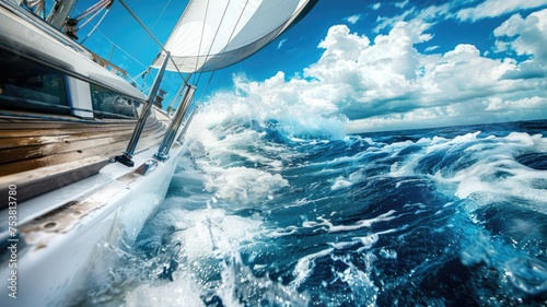 Sailing yacht in rough seas with dynamic waves - A thrilling depiction of a yacht braving the challenging waves of the open sea, capturing the excitement of nautical adventure and sport
