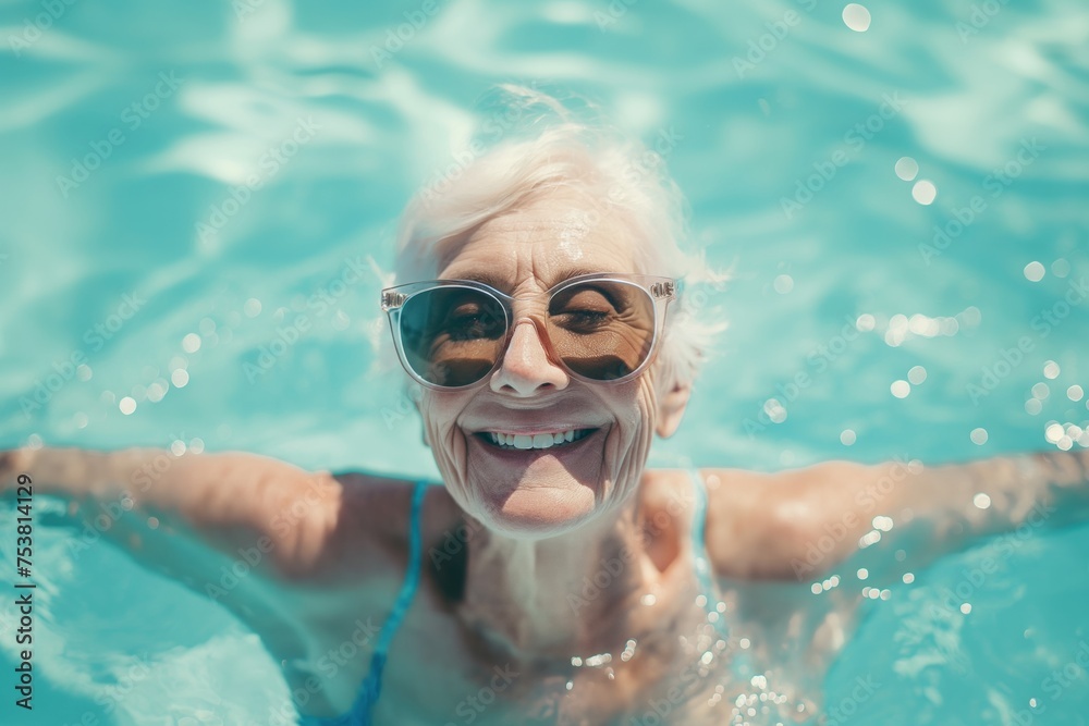 A joyful elderly woman with sunglasses happily swimming in a pool, embodying leisure and positivity
