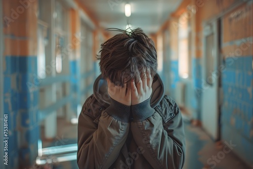 A young man hiding his face in a hospital hallway with a stylish edit photo