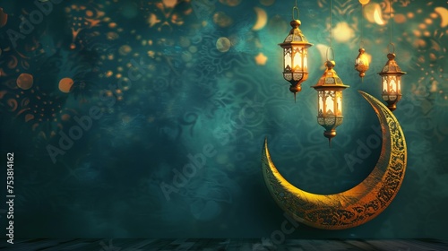 golden crescent moon with lanterns hanging on a green background for Eid Mubarrak and Ramadan Kareem with copy space on the left