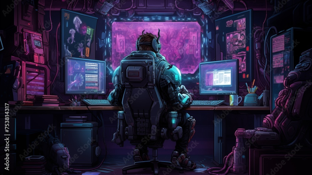 A cyberpunk hacker infiltrates a high-tech corporation