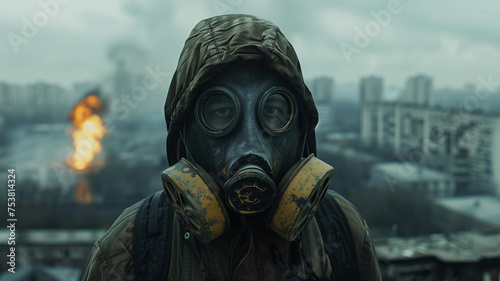 Dystopian image of a survivor of environmental collapse. Nuclear cooling towers and ravaged landscape. Poisoned air and nightmarish living conditions. photo