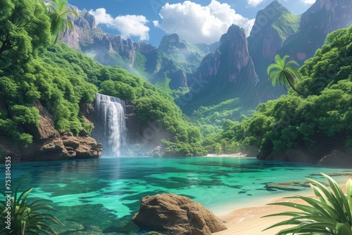 Tropical Paradise with Waterfall and Lush Mountains