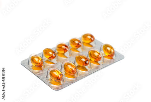 Ffish oil,Omega-3,lecithin,DHA, Vitamins capsules packed in blister, isolated on white background. healthy supplements,extraction oil capsules