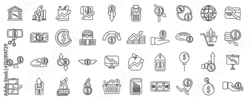 Inflation icons set outline vector. Cost increase money. Business gold rise value