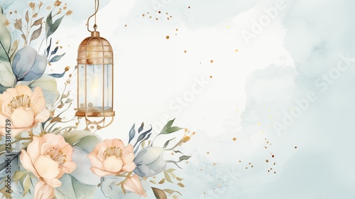 Blue Ramadan kareem and eid fitr islamic concept background lantern illustration in watercolor painting style for wallpaper, poster, greeting card and flyer. Wedding invitation style. photo