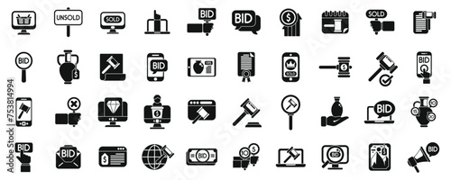 Online auction icons set simple vector. Bid property law. Procurement business money photo