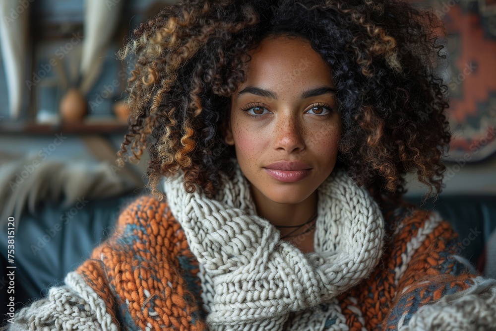 Cozy portrait of woman with curly hair bundled in a chunky knit scarf suggesting warmth
