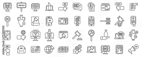 Online auction icons set outline vector. Bid property law. Procurement business money