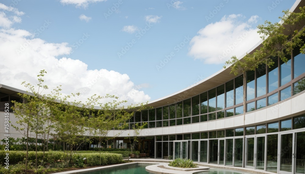 a modern glass building adorned with lush green plants, trees, and bushes, embodying the principles of business architecture, environmental friendliness, and eco-concept. 3D render a modern glass building adorned with lush green plants, trees, and bushes, embodying the principles of business architecture, environmental friendliness, and eco-concept. 3D render