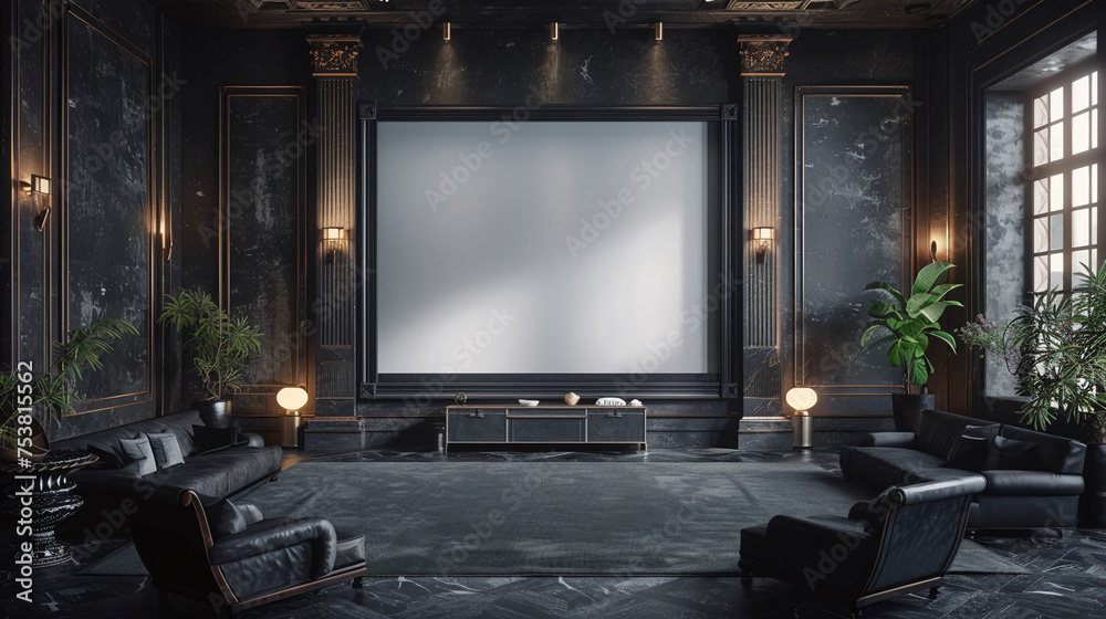 large white empty screen in a living room interior on empty dark wall background,3D rendering
large white empty screen in a living room interior on empty dark wall background,3D rendering