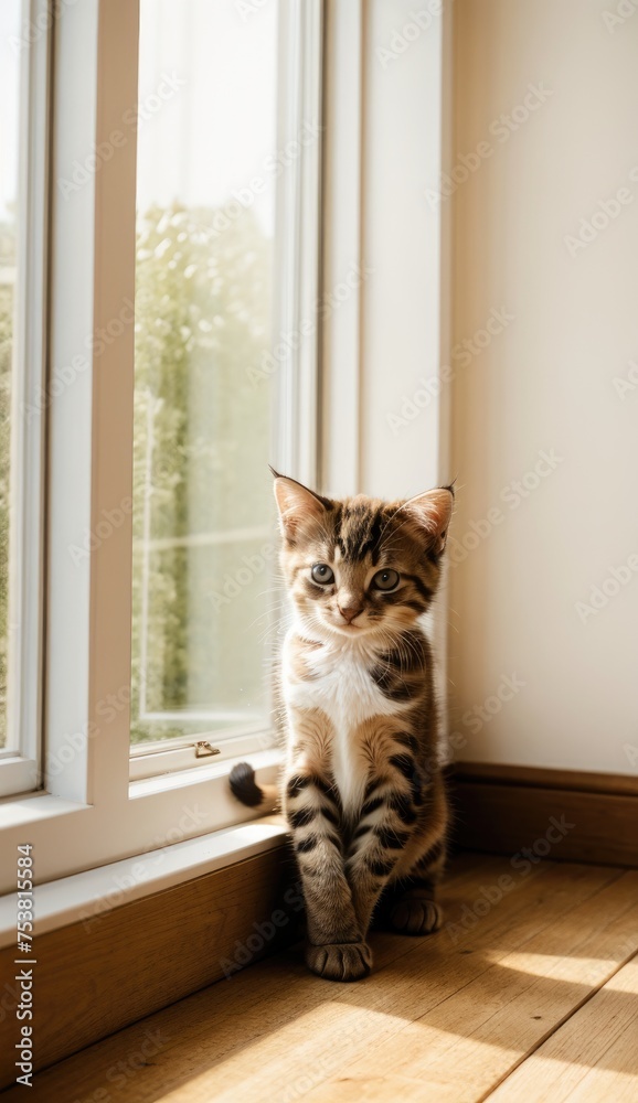 cute kitten sitting next to a sun-drenched window, basking in the warm glow of sunlight