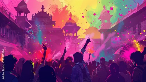 Vibrant Holi festival celebration illustration - An illustration depicting the lively and spirited celebration of Holi festival with people throwing colorful powders