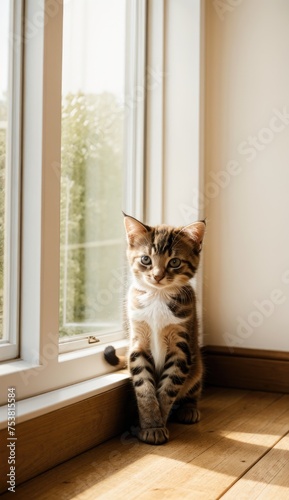 cute kitten sitting next to a sun-drenched window, basking in the warm glow of sunlight