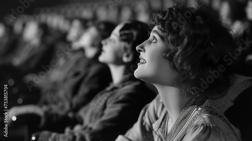 A smiling woman is depicted in a crowded 1930s movie theater, thoroughly enjoying a film, as shown in a black and white photograph