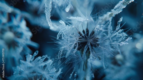 Frozen Fantasy  Macro shot reveals dandelion s frosty transformation  a dreamy spectacle of cold.