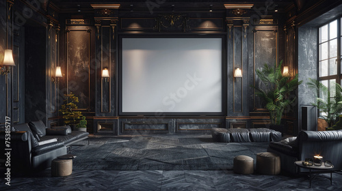 large white empty screen in a living room interior on empty dark wall background 3D rendering 