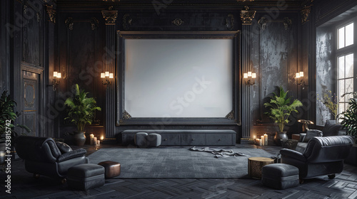 large white empty screen in a living room interior on empty dark wall background,3D rendering
