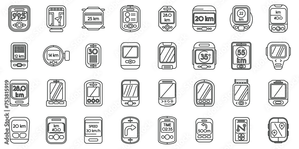 Bike computer icons set outline vector. Road digital sports. Healthy speed